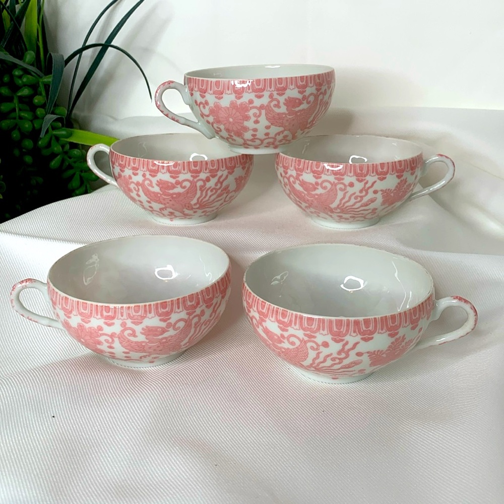 Set of 5 rare Vintage occupied Japan Pheonix bird pink & white porcelain teacups